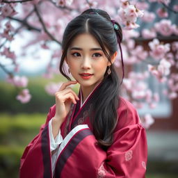 a traditional Korean girl wearing a beautiful hanbok, expressing emotions of elegance and grace in a picturesque setting with cherry blossoms