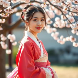 a traditional Korean girl wearing a beautiful hanbok, expressing emotions of elegance and grace in a picturesque setting with cherry blossoms