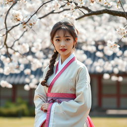 a traditional Korean girl wearing a beautiful hanbok, expressing emotions of elegance and grace in a picturesque setting with cherry blossoms