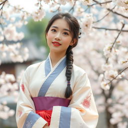 a traditional Korean girl wearing a beautiful hanbok, expressing emotions of elegance and grace in a picturesque setting with cherry blossoms