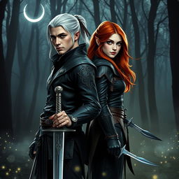 Half-elf twin brother and sister witcher assassins standing back-to-back