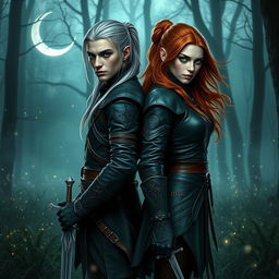 Half-elf twin brother and sister witcher assassins standing back-to-back