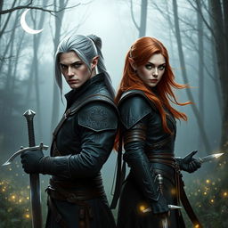 Half-elf twin brother and sister witcher assassins standing back-to-back