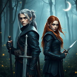 Half-elf twin brother and sister witcher assassins standing back-to-back