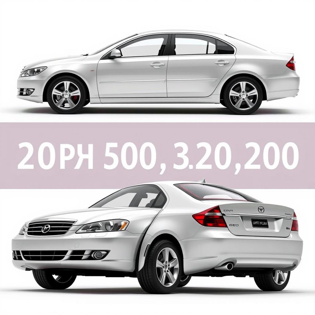 A fictional 2004 sedan car named Stern Attack 20, showcased in a collage of four images displaying different angles: side, rear, and front views