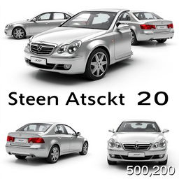 A fictional 2004 sedan car named Stern Attack 20, showcased in a collage of four images displaying different angles: side, rear, and front views