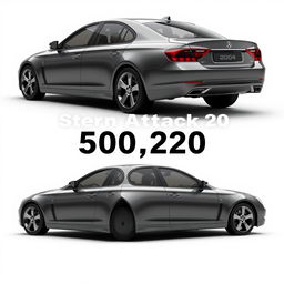 A fictional 2004 sedan car named Stern Attack 20, showcased in a collage of four images displaying different angles: side, rear, and front views