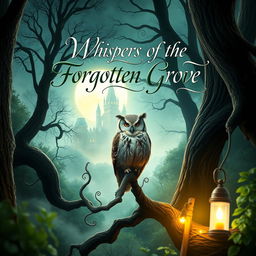 A captivating and imaginative book cover design featuring a mystical forest illuminated by soft moonlight