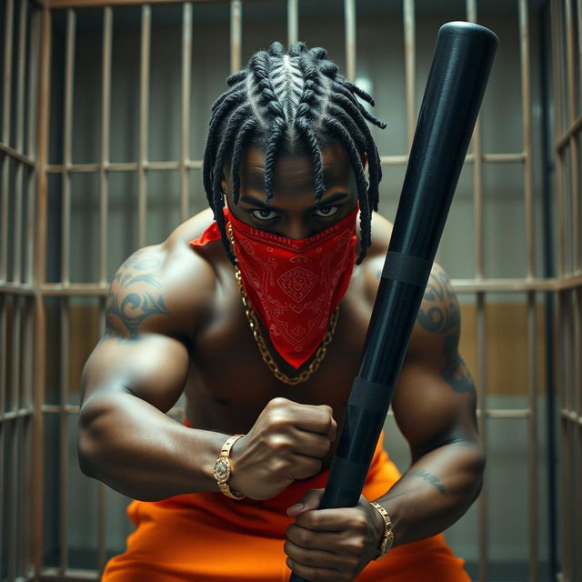 A close-up of a muscular African American gang member in a prison cell