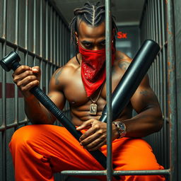 A close-up of a muscular African American gang member in a prison cell