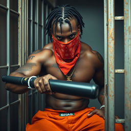 A close-up of a muscular African American gang member in a prison cell