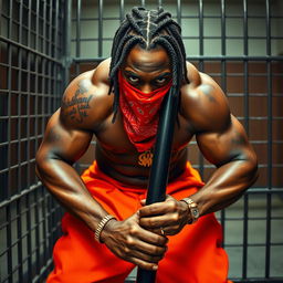 A close-up of a muscular African American gang member in a prison cell