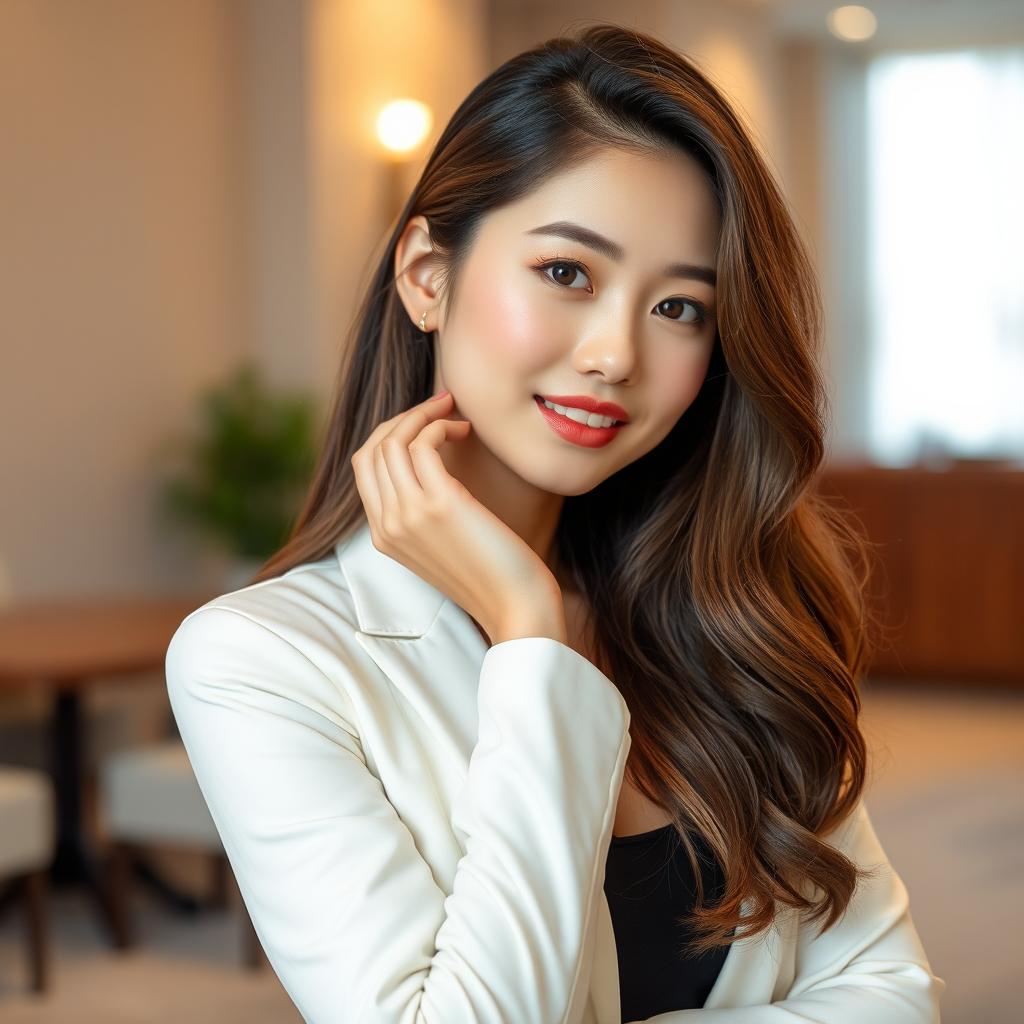 A portrait of a beautiful Korean woman, emphasizing her confident pose and stylish appearance