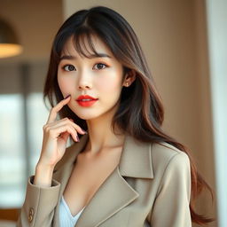 A portrait of a beautiful Korean woman, emphasizing her confident pose and stylish appearance