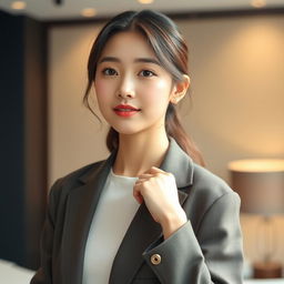 A portrait of a beautiful Korean woman, emphasizing her confident pose and stylish appearance