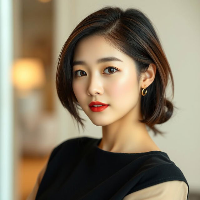 A portrait of a beautiful Korean woman, emphasizing her confident pose and stylish appearance