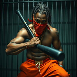 A close-up of a muscular African American gang member in a prison cell