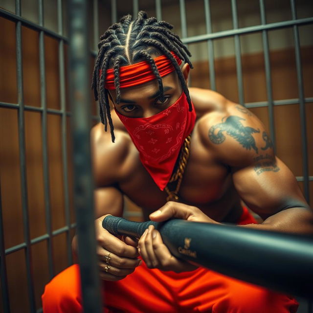 A close-up of a muscular African American gang member in a prison cell