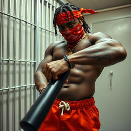 A close-up of a muscular African American gang member in a prison cell