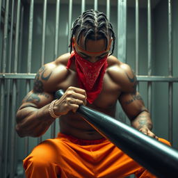 A close-up of a muscular African American gang member in a prison cell