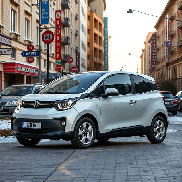 A three-door hatchback named Stern Attack 20 parked on the streets of Russia