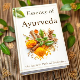 A beautiful and serene book cover focused on the theme of Ayurveda, featuring a delicate balance between nature and wellness