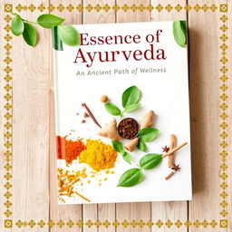 A beautiful and serene book cover focused on the theme of Ayurveda, featuring a delicate balance between nature and wellness