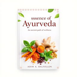 A beautiful and serene book cover focused on the theme of Ayurveda, featuring a delicate balance between nature and wellness