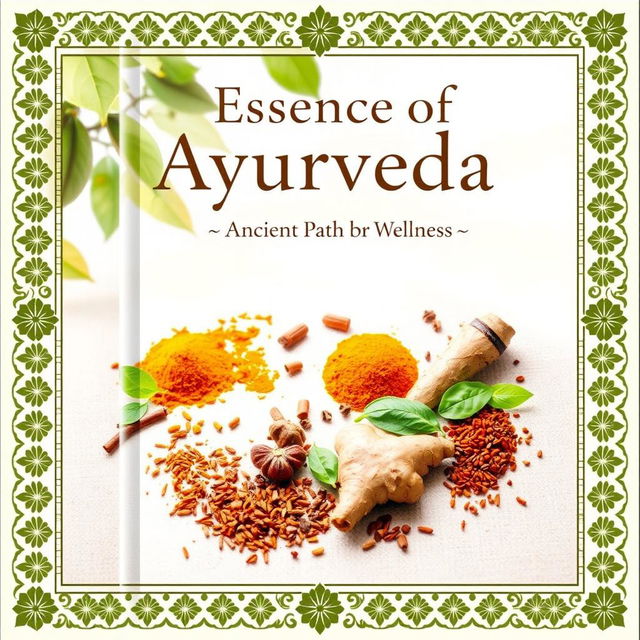 A beautiful and serene book cover focused on the theme of Ayurveda, featuring a delicate balance between nature and wellness