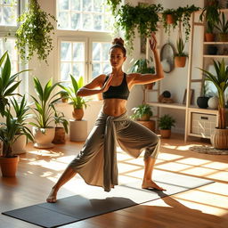 A serene yoga practitioner performing a graceful warrior pose in a sunlit studio adorned with lush greenery and calming decor