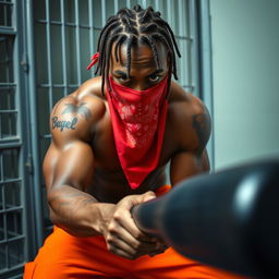 A close-up of a muscular African American gang member in a prison cell