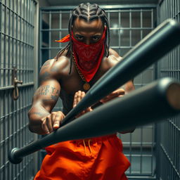 A close-up of a muscular African American gang member in a prison cell