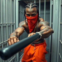 A close-up of a muscular African American gang member in a prison cell