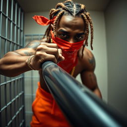 A close-up of a muscular African American gang member in a prison cell