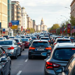 A stream of cars moving through a bustling street in Russia, showcasing a variety of vehicles like sedans, hatchbacks, and SUVs