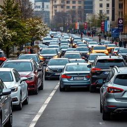 A stream of cars moving through a bustling street in Russia, showcasing a variety of vehicles like sedans, hatchbacks, and SUVs