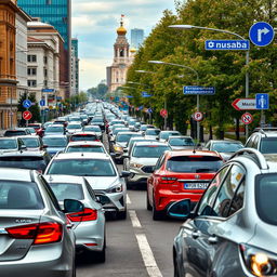 A stream of cars moving through a bustling street in Russia, showcasing a variety of vehicles like sedans, hatchbacks, and SUVs