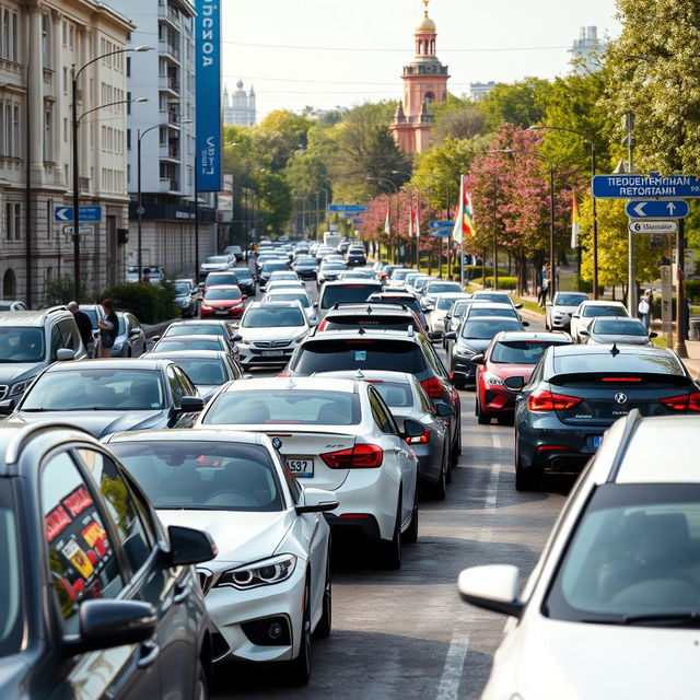 A stream of cars moving through a bustling street in Russia, showcasing a variety of vehicles like sedans, hatchbacks, and SUVs