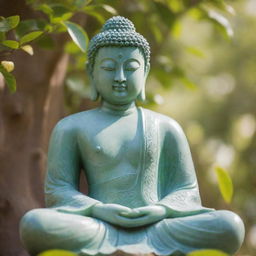 A serene statue of Buddha, intricately carved from gleaming jade, seated peacefully under a blooming Bodhi tree with soft morning sunlight filtering through the leaves.