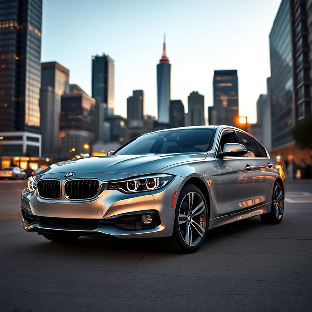 A sleek and modern BMW 320, parked elegantly in a scenic urban setting