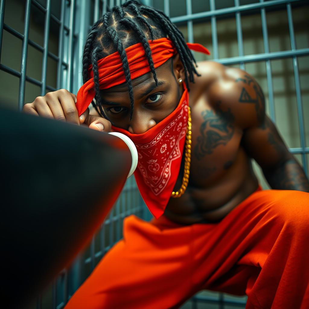 A close-up of a muscular African American gang member in a prison cell