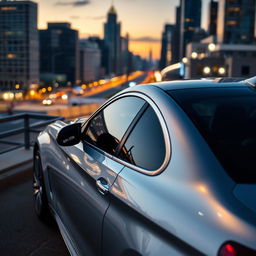 A sleek and modern BMW 320, parked elegantly in a scenic urban setting