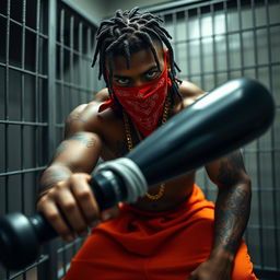 A close-up of a muscular African American gang member in a prison cell