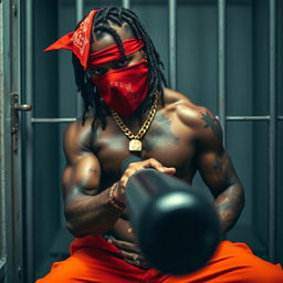 A close-up of a muscular African American gang member in a prison cell