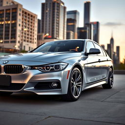 A sleek and modern BMW 320, parked elegantly in a scenic urban setting