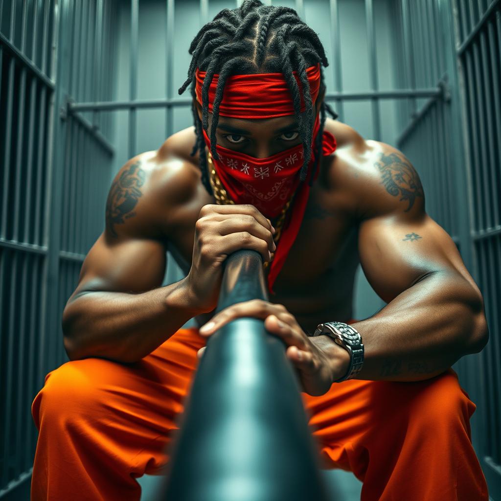 A close-up of a muscular African American gang member in a prison cell