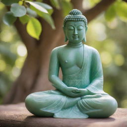 A serene statue of Buddha, intricately carved from gleaming jade, seated peacefully under a blooming Bodhi tree with soft morning sunlight filtering through the leaves.