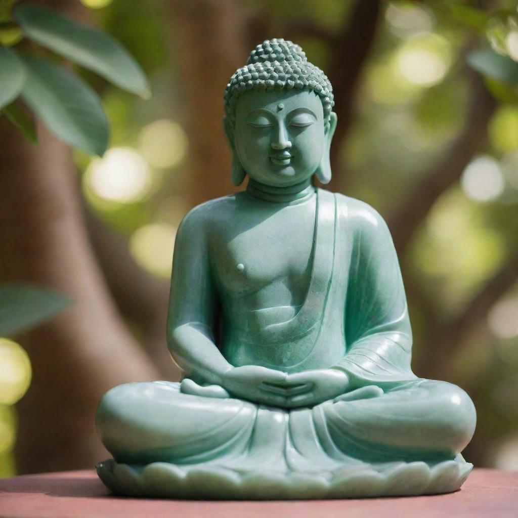 A serene statue of Buddha, intricately carved from gleaming jade, seated peacefully under a blooming Bodhi tree with soft morning sunlight filtering through the leaves.