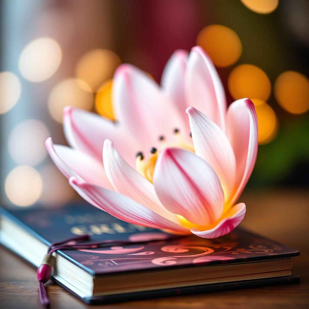 a beautiful, enchanting book cover featuring a mesmerizing close-up of a delicate flower, its petals elegantly spread out with intricate details, surrounded by a soft, dreamy bokeh background, vibrant colors