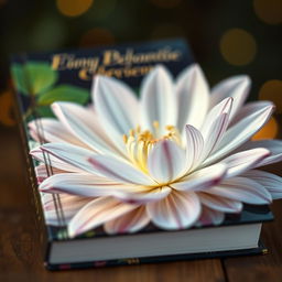 a beautiful, enchanting book cover featuring a mesmerizing close-up of a delicate flower, its petals elegantly spread out with intricate details, surrounded by a soft, dreamy bokeh background, vibrant colors